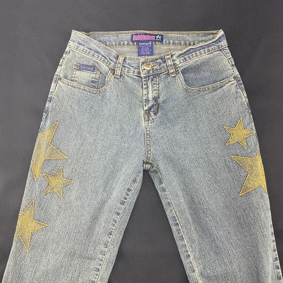 Vtg Y2K Bubblegum Jeans Womens 3/4 Flare Gold Glitter Embroidered Stars Low Rise - Picture 5 of 11
